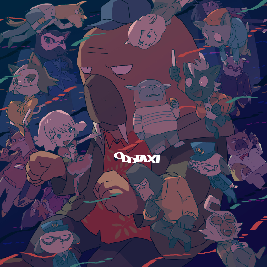 4girls abry_take animal ape baba_atsuya baseball_cap black_eyes blue_eyes cat character_request check_character commentary daimon_kenshirou daimon_koushirou dobu_(odd_taxi) dog dog_girl furry furry_female furry_male giraffe glasses gorilla gouriki_ayumu hat highres hoshizuki_shin ichimura_shiho idol imai_shun kabasawa_taichi kakihana_eiji koshianpancake long_sleeves mask mask_on_head mitsuya_yuki multiple_boys multiple_girls nagashima_satoshi nikaidou_rui odd_taxi odokawa_hiroshi open_mouth police police_uniform print_shirt red_shirt sekiguchi_(odd_taxi) shibagaki_kensuke shirakawa_(odd_taxi) shirakawa_miho shirt short_hair short_sleeves smile sweater wadagaki_sakura walrus yamamoto_fuyuki yano_(odd_taxi)