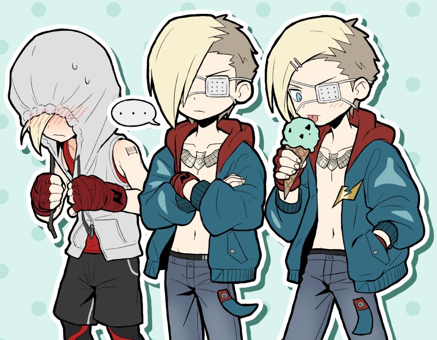 ... 1boy absurdres asymmetrical_hair barcode barcode_tattoo black_shorts blonde_hair blue_eyes blue_pants blush closed_mouth collarbone covered_eyes crossed_arms denim dot_nose ed_(street_fighter) embarrassed eyepatch feet_out_of_frame food frown hair_ornament hair_over_one_eye hairclip hand_in_pocket hand_wraps highres holding holding_food holding_ice_cream_cone hood hood_up hooded_jacket hoodie ice_cream ice_cream_cone jacket jeans jewelry leggings licking long_sleeves male_focus male_underwear male_underwear_peek medical_eyepatch mint_chocolate mint_chocolate_(razschi) multicolored_jacket multiple_views navel necklace official_alternate_costume one_eye_covered open_clothes open_jacket pants red_shirt sach56000 shirt short_hair shorts shoulder_tattoo sleeveless sleeveless_hoodie speech_bubble spoken_ellipsis street_fighter street_fighter_6 tattoo tongue tongue_out underwear