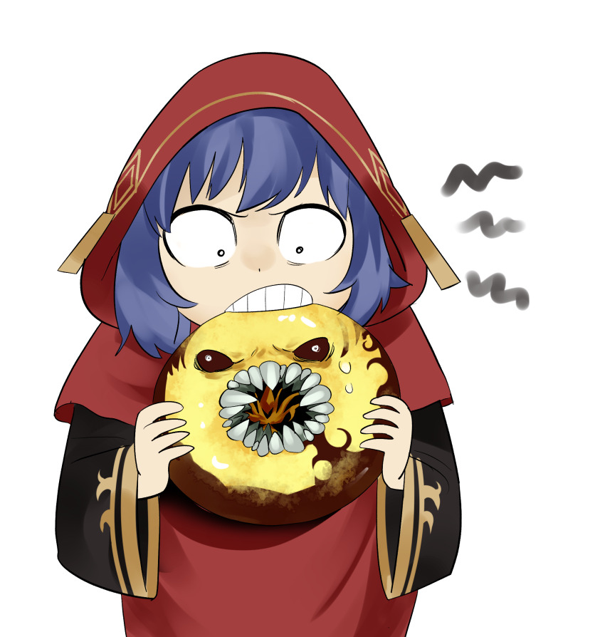 1girl angry biting blue_hair doom_donuts donut duel_monster eating food food-themed_creature highres holding holding_food lo_the_prayers_of_the_voiceless_voice monster red_robe robe sawan_cutman solo standing sweat teeth white_background yu-gi-oh!