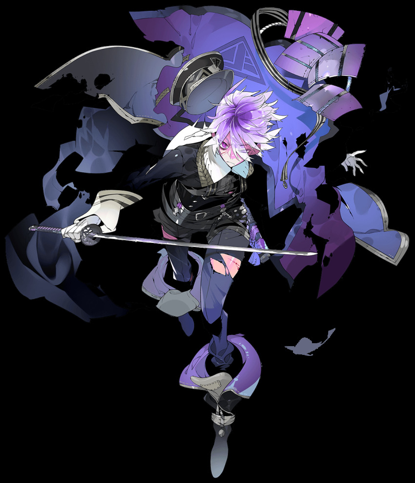 1boy belt black_pants blood eyes_visible_through_hair gloves hair_over_one_eye hat unworn_hat unworn_headwear highres injury katana kukicha male_focus military_hat minamoto_kiyomaro official_art pants purple_eyes purple_hair sheath sword torn_clothes torn_pants touken_ranbu transparent_background uneven_eyes weapon white_gloves