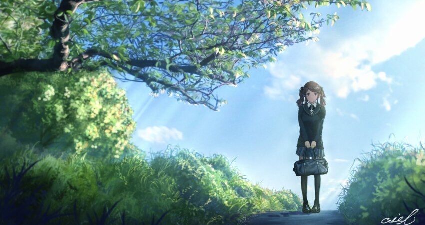 1girl amagami black_bow black_bowtie black_jacket black_sailor_collar black_shoes black_thighhighs blazer bow bowtie brown_eyes brown_hair bush closed_mouth day full_body grey_skirt highres jacket kibito_high_school_uniform loafers long_sleeves looking_at_viewer medium_hair miniskirt nakata_sae pleated_skirt road sailor_collar school_uniform shoes signature skirt sky slice_of_life solo soraciel standing thighhighs tree twintails zettai_ryouiki