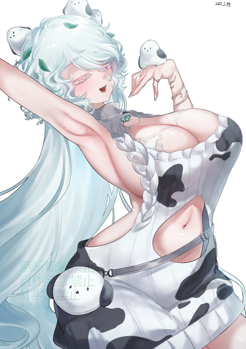 1girl absurdres animal animal_on_head animal_print arm_up armpits bag bibie307 bird bird_on_hand bird_on_head blush breasts cable_knit chinese_text cleavage cleavage_cutout clothing_cutout clover colored_eyelashes commentary_request cow_print dated goddess_of_victory:_nikke hand_up highres jewelry large_breasts leaf leaf_on_head long_hair looking_at_viewer meme_attire mole mole_under_mouth multiple_rings nail_polish navel on_head open_mouth pink_eyes plant_roots presenting_armpit print_sweater ring satchel sideboob simple_background sleeveless sleeveless_turtleneck sleeveless_turtleneck_sweater smile solo stomach_cutout sweater thick_eyebrows thick_eyelashes tit_(bird) trina_(nikke) turtleneck very_long_hair virgin_killer_sweater watermark white_eyelashes white_hair white_nails white_sweater