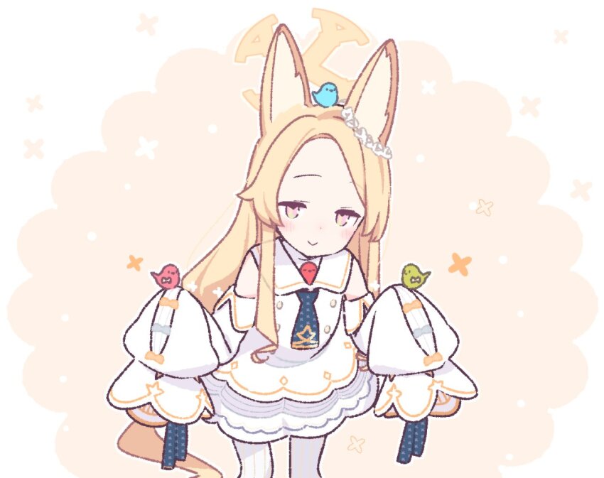 1girl animal_ear_fluff animal_ears bird blonde_hair blue_archive blush cross_halo ear_wreath flower_wreath fox_ears halo long-tailed_tit long_hair looking_at_viewer pantyhose seia_(blue_archive) solo standing striped_clothes striped_pantyhose tit_(bird) vertical-striped_clothes vertical-striped_pantyhose white_bird yellow_halo yoru_nai