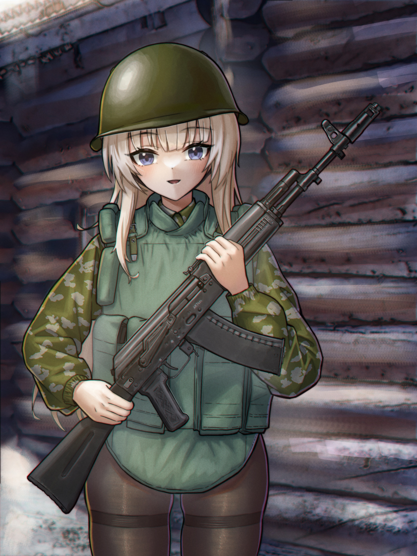 1girl absurdres ak-74m ak74m_(girls&#039;_frontline) alternate_costume assault_rifle black_pantyhose blonde_hair blue_eyes blush bulletproof_vest camouflage camouflage_jacket chinese_commentary combat_helmet commentary english_commentary girls&#039;_frontline green_jacket gun helmet highres holding holding_gun holding_weapon huihuang_rongyao jacket kalashnikov_rifle long_hair looking_at_viewer military_jacket military_uniform mixed-language_commentary open_mouth outdoors pantyhose rifle smile straight-on weapon