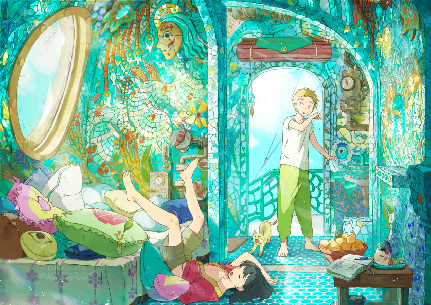 2boys absurdres arm_at_side arm_up artist_name barefoot bed bedroom blanket blonde_hair blue_sky book bookmark bowl brown_hair brown_shorts chakotata cloud colorful commentary_request day doormat doorway fallen_down food fruit green_pants highres holding holding_towel indoors lead_pipe legs_up light_rays long_hair machinery male_focus mosaic_art multiple_boys open_book orange_cat original pants parted_lips pear pen pet pillow red_robe robe saliva shirt short_hair short_sleeves shorts sideways_glance sink sky sleeping slice_of_life stairs standing sunbeam sunlight sweat table tile_floor tile_wall tiles towel watermark white_shirt wide_shot window wooden_table yellow_eyes