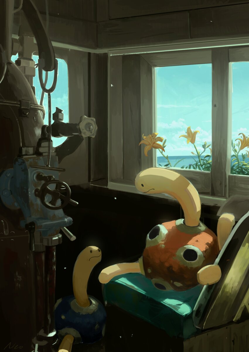 absurdres alternate_color black_eyes closed_mouth commentary_request day eye_contact flower gen_2_pokemon highres indoors king_joe_(neoroto) looking_at_another looking_down nintendo no_humans pokemon pokemon_(creature) shiny_pokemon shuckle valve yellow_flower
