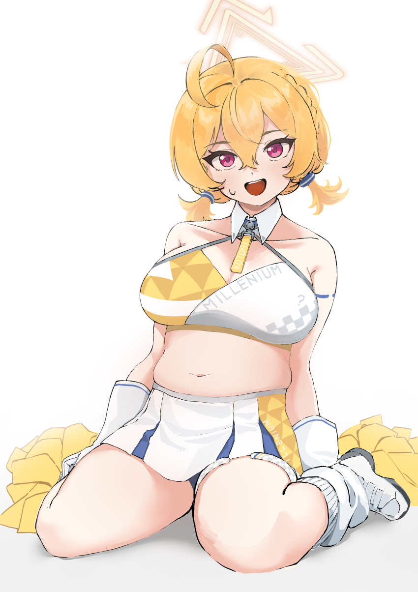 1girl absurdres ahoge bare_legs belly blonde_hair blue_archive blush breasts cheerleader cleavage collarbone halo highres kotori_(blue_archive) kotori_(cheer_squad)_(blue_archive) large_breasts looking_at_viewer millennium_cheerleader_outfit_(blue_archive) navel official_alternate_costume plump pom_pom_(cheerleading) red_eyes short_twintails sitting smile solo stomach sweatdrop twintails ushimochi wariza