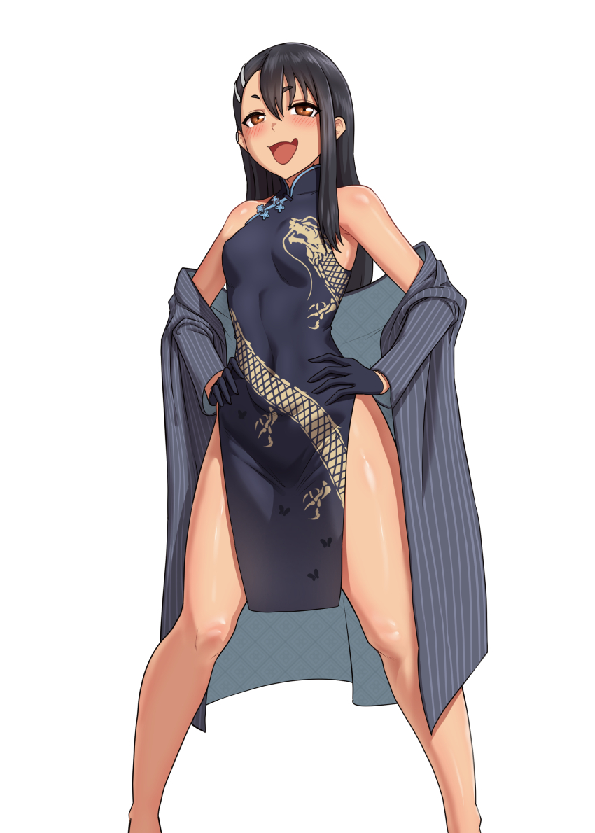 1girl absurdres alternate_costume asymmetrical_bangs black_gloves black_hair breasts brown_eyes china_dress chinese_clothes commentary_request cosplay covered_navel dark-skinned_female dark_skin dragon_print dress earclip fang feet_out_of_frame gloves hair_ornament hairclip hands_on_own_hips highres ijiranaide_nagatoro-san jacket junggawng_e kisaki_(blue_archive) kisaki_(blue_archive)_(cosplay) korean_commentary long_hair looking_at_viewer nagatoro_hayase open_mouth pinstripe_coat pinstripe_jacket pinstripe_pattern print_dress shiny_skin skin_fang sleeveless_turtleneck_dress small_breasts solo standing striped_clothes striped_jacket tan tanline thighs vertical-striped_clothes vertical-striped_jacket white_background