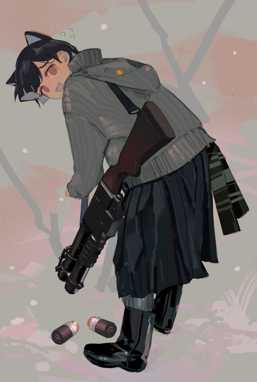 1girl absurdres animal_ears black_boots black_hair black_skirt boots cat_ears cat_girl china_lake commentary commission english_commentary explosive flying_sweatdrops from_behind grenade grenade_launcher grey_jacket highres hood hood_down hooded_jacket jacket leaning_forward long_sleeves looking_at_viewer looking_back original pleated_skirt polilla short_hair skirt solo weapon