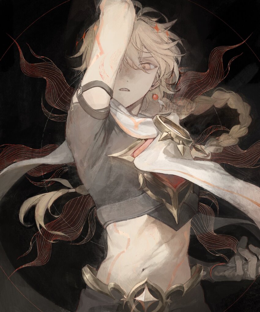 1boy absurdres aether_(genshin_impact) ahoge arm_armor arm_up black_background black_gloves black_shirt blonde_hair braid commentary_request cowboy_shot earrings genshin_impact gloves gold_trim hair_between_eyes hair_ornament hair_ribbon highres jewelry kaimochi0839 long_hair looking_at_viewer low-braided_long_hair low-tied_long_hair male_focus midriff navel open_mouth ribbon scarf shirt short_sleeves simple_background single_earring solo standing star_(symbol) teeth watermark white_ribbon white_scarf yellow_eyes