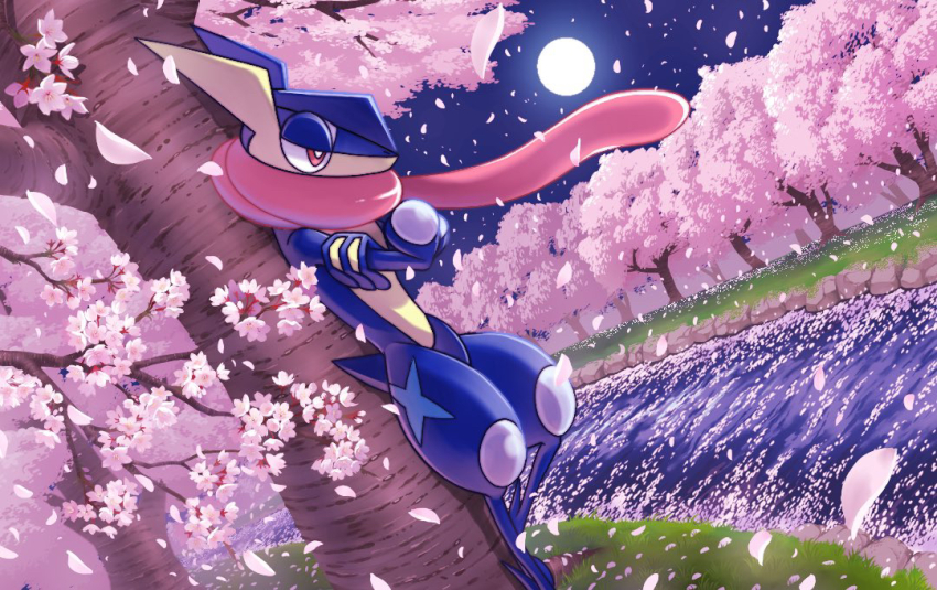 against_tree bright_pupils commentary_request crossed_arms falling_petals gen_6_pokemon greninja moon night nintendo no_humans outdoors petals pink_eyes pokemon pokemon_(creature) river sky solo standing tree water white_pupils yukari_(yukari21653710)