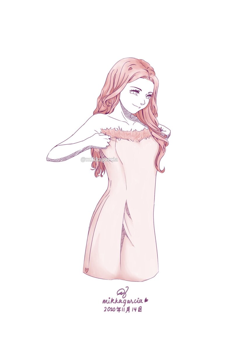 1girl adjusting_clothes artist_name closed_mouth commentary cropped_legs dated dress english_commentary gfriend highres k-pop long_hair looking_ahead mafuyumikka off-shoulder_dress off_shoulder pink_dress pink_hair real_life simple_background smile solo twitter_username white_background yerin_(gfriend)