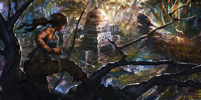 1girl arrow_(projectile) bandages bare_shoulders bow bow_(weapon) brown_hair dannoura_yuuki female_focus from_behind highres lara_croft long_hair pixiv_tomb_raider_contest ponytail ruins scenery solo temple tomb_raider tomb_raider_(reboot) tree weapon