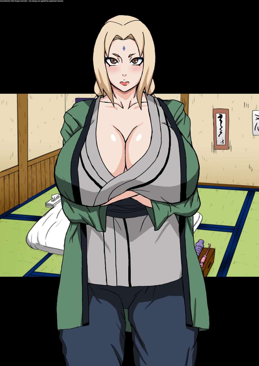 1girl blonde_hair blush breasts brown_eyes cleavage crossed_arms dildo facial_mark female_focus forehead forehead_mark hair_tie highres huge_breasts lipstick long_hair looking_at_viewer makeup naruho naruto naruto_(series) neck sex_toy solo tagme tatami tissue_box tsunade_(naruto)