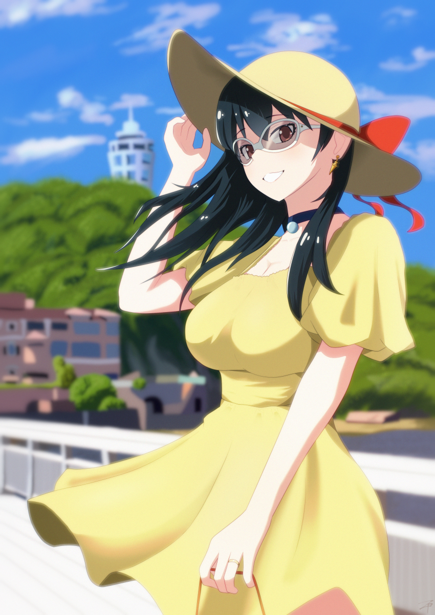 1girl absurdres black_choker black_hair blue_sky bow breasts choker cleavage day dress earrings glasses grin hat hat_bow highres jewelry large_breasts long_hair outdoors red_bow red_eyes sky smile solo spy_x_family sun_hat teeth thenekrock yellow_dress yor_briar