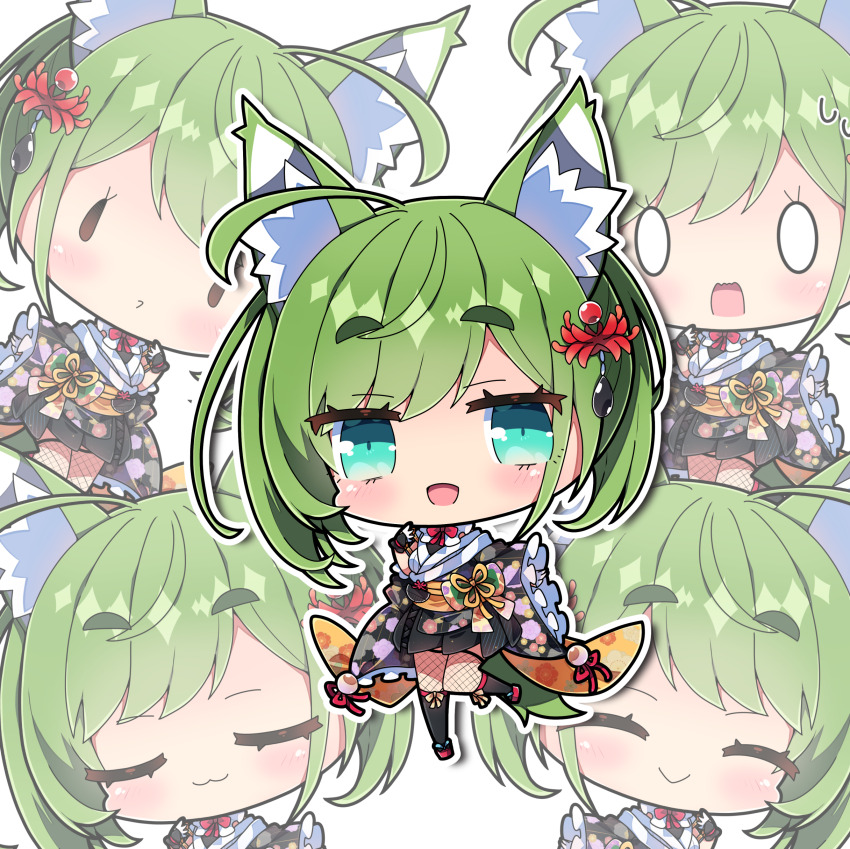 0_0 1girl :3 :d ^_^ absurdres animal_ear_fluff animal_ears black_gloves black_kimono black_socks blue_eyes brown_eyes chibi closed_eyes closed_mouth commentary_request commission copyright_request fingerless_gloves fishnet_thighhighs fishnets frilled_sleeves frills gloves green_eyes hair_between_eyes hair_ornament highres japanese_clothes kimono kneehighs long_sleeves milkpanda multiple_views obi open_mouth red_sandals sandals sash short_eyebrows simple_background skeb_commission smile socks solid_oval_eyes standing standing_on_one_leg sweat thick_eyebrows thighhighs white_background wide_sleeves zouri