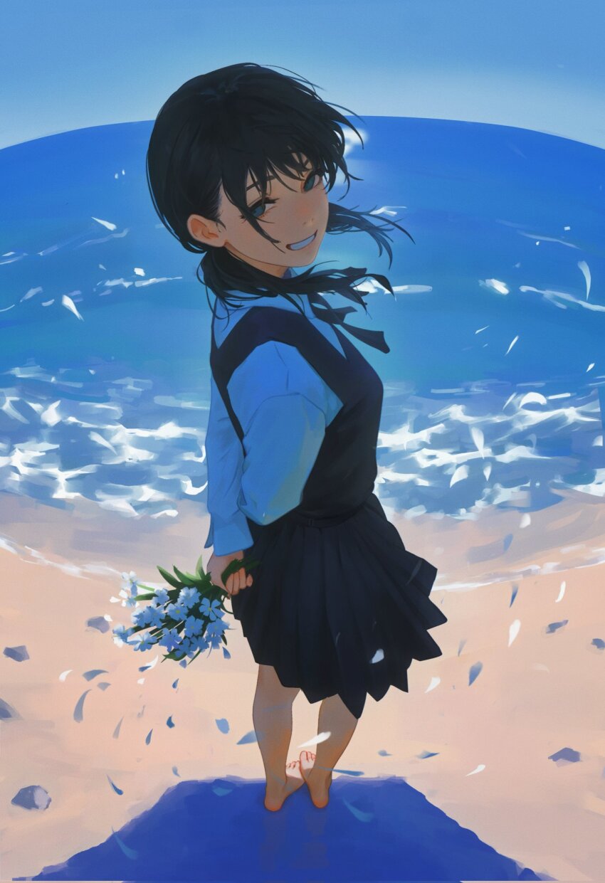 1girl barefoot beach black_hair black_skirt black_vest blue_eyes blue_sky bouquet chainsaw_man choppy_bangs collared_shirt flower from_above full_body highres holding holding_bouquet long_hair looking_at_viewer low_twintails mitaka_asa ocean pleated_skirt shirt skirt sky smile standing twintails vest waves white_flower white_shirt yao_liao_wang