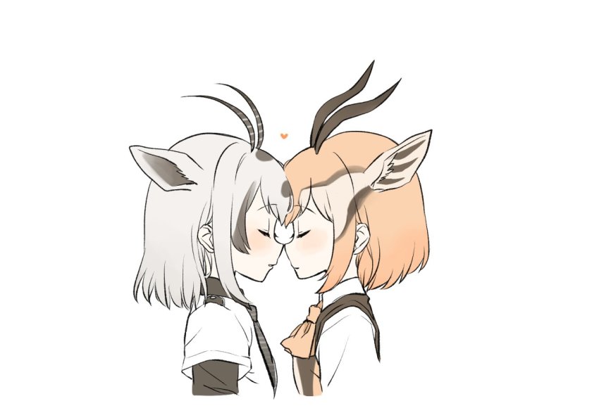 2girls animal_ears arabian_oryx_(kemono_friends) black_collar black_hair black_neckwear black_sleeves blush brown_vest closed_eyes collar collared_shirt commentary_request extra_ears gazelle_ears gazelle_horns gazelle_tail kemono_friends kuromitsu_(9633_kmfr) light_brown_hair long_sleeves multicolored_hair multiple_girls necktie noses_touching orange_neckwear shirt short_hair short_sleeves striped_neckwear thomson&#039;s_gazelle_(kemono_friends) vest white_background white_hair white_shirt