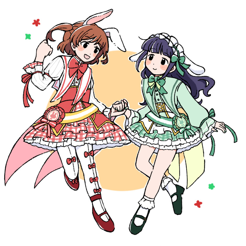 2girls :d aijou_karen animal_ears animal_print ankle_strap arm_ribbon asymmetrical_sleeves black_eyes blunt_bangs blush_stickers bow bowtie brown_hair cape capelet clenched_hand closed_mouth cockade commentary corset cross-laced_clothes cross-laced_corset dress fake_animal_ears fingernails floating frilled_dress frilled_hairband frills green_bow green_bowtie green_capelet green_dress green_nails green_ribbon green_sash green_shoes hair_bow hairband hand_up head_tilt highres holding_hands juliet_sleeves kurage01ria layered_dress leg_up leggings long_hair long_sleeves looking_ahead mary_janes multiple_girls official_alternate_costume open_mouth orange_background petticoat plaid_clothes plaid_dress puffy_sleeves purple_hair rabbit_ears rabbit_print red_bow red_bowtie red_cape red_corset red_dress red_nails red_ribbon red_shoes red_trim ribbon sash shoes short_dress short_hair shoujo_kageki_revue_starlight sleeves_past_wrists smile socks striped_sash swept_bangs tsuyuzaki_mahiru two-tone_background two-tone_dress two-tone_sash two_side_up uneven_sleeves waist_cape waist_sash white_background white_capelet white_corset white_dress white_leggings white_sash white_socks wrist_ribbon yellow_cape yellow_sash