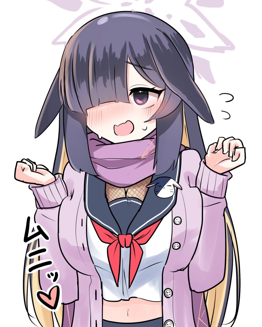 1girl animal_ears black_hair black_sailor_collar blonde_hair blue_archive blunt_bangs blush breasts breasts_squeezed_together buttons cardigan colored_inner_hair commentary embarrassed floppy_ears flying_sweatdrops hair_over_one_eye halo hands_up heart highres large_breasts long_bangs long_hair looking_to_the_side midriff multicolored_hair navel neckerchief nose_blush one_eye_covered open_cardigan open_clothes open_mouth pjdm62 purple_cardigan purple_eyes purple_halo purple_scarf rabbit_ears rabbit_girl red_neckerchief sailor_collar scarf school_uniform serafuku shirt sidelocks simple_background smile solo sound_effects straight_hair sweatdrop tsukuyo_(blue_archive) upper_body very_long_hair white_background white_shirt