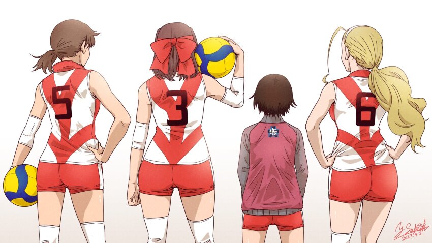 4girls ass ball blonde_hair brown_hair buruma dated from_behind girls_und_panzer gradient_background hair_ribbon hand_on_own_hip hands_on_own_hips highres isobe_noriko kawanishi_shinobu kondou_taeko long_hair multiple_girls ponytail red_buruma ribbon sasaki_akebi satou_yasu short_hair simple_background sleeveless sportswear thighhighs volleyball volleyball_(object) volleyball_uniform white_thighhighs