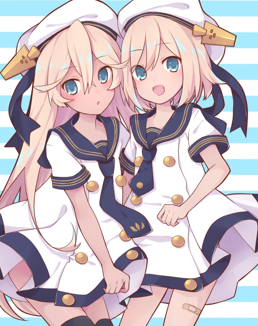2girls :d :o aged_down azur_lane bandaid bandaid_on_leg blonde_hair blue_eyes california_(azur_lane) dress hair_between_eyes hat hat_ribbon highres long_hair looking_at_viewer multiple_girls open_mouth ribbon sailor_collar sailor_dress sailor_hat sawara_(starligtvision) short_dress short_hair short_sleeves smile striped_background tennessee_(azur_lane) thighhighs vertical_stripes very_long_hair zettai_ryouiki