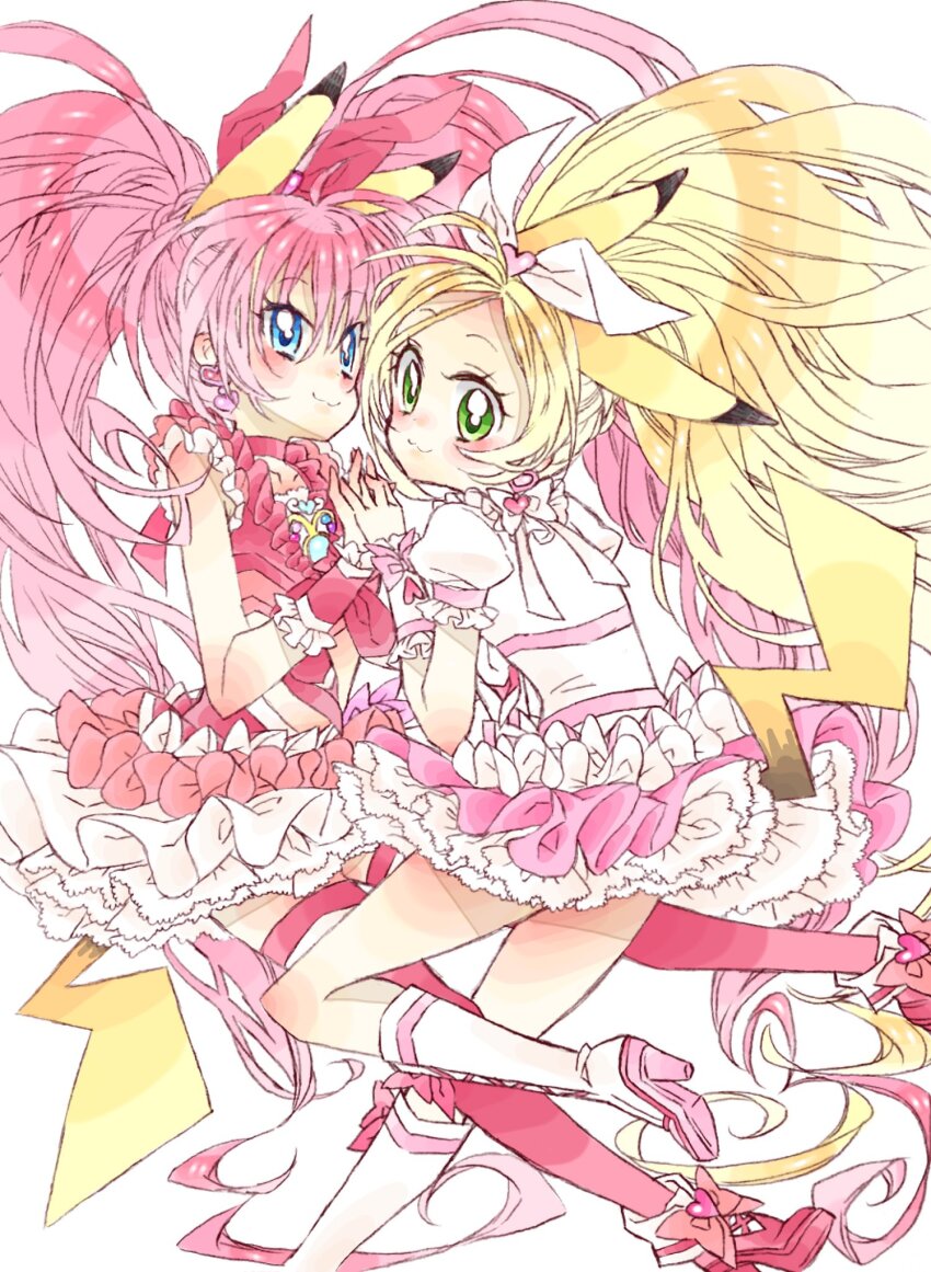 2girls 63snrk :3 blonde_hair blue_eyes blush bow choker cosplay cure_melody cure_module cure_rhythm dress earrings frilled_dress frills gen_1_pokemon green_eyes hair_bow heart heart_earrings highres holding_hands houjou_hibiki jewelry midriff minamino_kanade multiple_girls pikachu pikachu_(cosplay) pink_bow pink_choker pink_hair pink_wrist_cuffs ponytail precure suite_precure thighhighs twintails white_choker white_dress wrist_cuffs