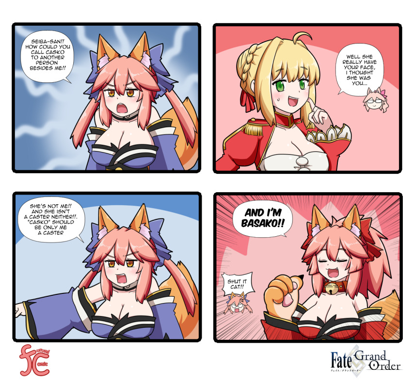 3girls 4koma ahoge animal_collar animal_ear_fluff animal_ears animal_hands annoyed artist_logo bell blonde_hair blue_background blue_bow blue_kimono blush bow braid breasts claws cleavage closed_eyes collar collarbone comic commentary copyright_name detached_collar detached_sleeves emphasis_lines english_commentary english_text engrish_text epaulettes fang fate/extra fate/grand_order fate_(series) fox_ears fox_girl fox_tail french_braid glasses green_eyes hair_bow hair_ribbon highres japanese_clothes jingle_bell keita_naruzawa kimono koyanskaya_(fate) large_breasts logo long_sleeves looking_at_viewer looking_to_the_side multiple_girls neck_bell nero_claudius_(fate) nero_claudius_(fate/extra) open_mouth pink_background pink_bow pink_hair pointing pointing_at_self ponytail puffy_sleeves ranguage red_bow red_collar red_kimono red_ribbon ribbon side_ponytail sidelocks speech_bubble split_ponytail sweatdrop tail tamamo_(fate) tamamo_cat_(fate) tamamo_cat_(first_ascension)_(fate) tamamo_no_mae_(fate) teeth v-shaped_eyebrows wide_sleeves yellow_eyes