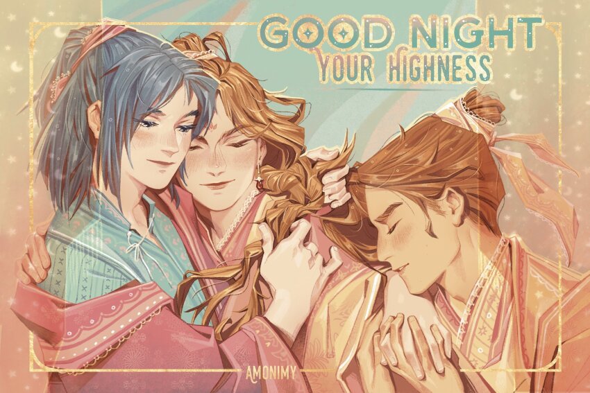 amonimy analogous_colors black_hair blush border brown_hair chinese_clothes closed_eyes couple crescent_print earrings english_text feng_xin gold_border gradient_text green_background green_hanfu hair_bun hair_ribbon hand_on_another&#039;s_back hands_in_hair hanfu highres holding_hands huadian imminent_kiss inset_border jewelry kiss kissing_hand layered_clothes leaning_on_person long_hair male_focus medium_hair mu_qing_(tianguan_cifu) multiple_boys necklace open_mouth orange_hanfu orange_ribbon outline pastel_colors pink_hanfu pink_robe polyamory ponytail prince ribbon robe smile star_(symbol) star_print tianguan_cifu xie_lian yaoi