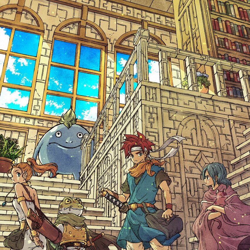 1girl 3boys animal armor bag bare_shoulders belt black_eyes blue_eyes blue_hair blue_tunic book bookshelf bracelet cat ceiling chrono_trigger closed_mouth creature crono_(chrono_trigger) dress frog_(chrono_trigger) frog_boy gold_armlet gold_choker headband highres holding holding_animal holding_cat indoors janus_zeal jewelry library looking_at_viewer marle_(chrono_trigger) multiple_boys necklace nu_(chrono_trigger) orange_hair parted_lips plant ponytail potted_plant purple_robe quiver red_hair robe sheath sheathed short_sleeves spiked_hair stairs standing strapless strapless_dress sword toriga tunic weapon white_dress white_headband window wristband
