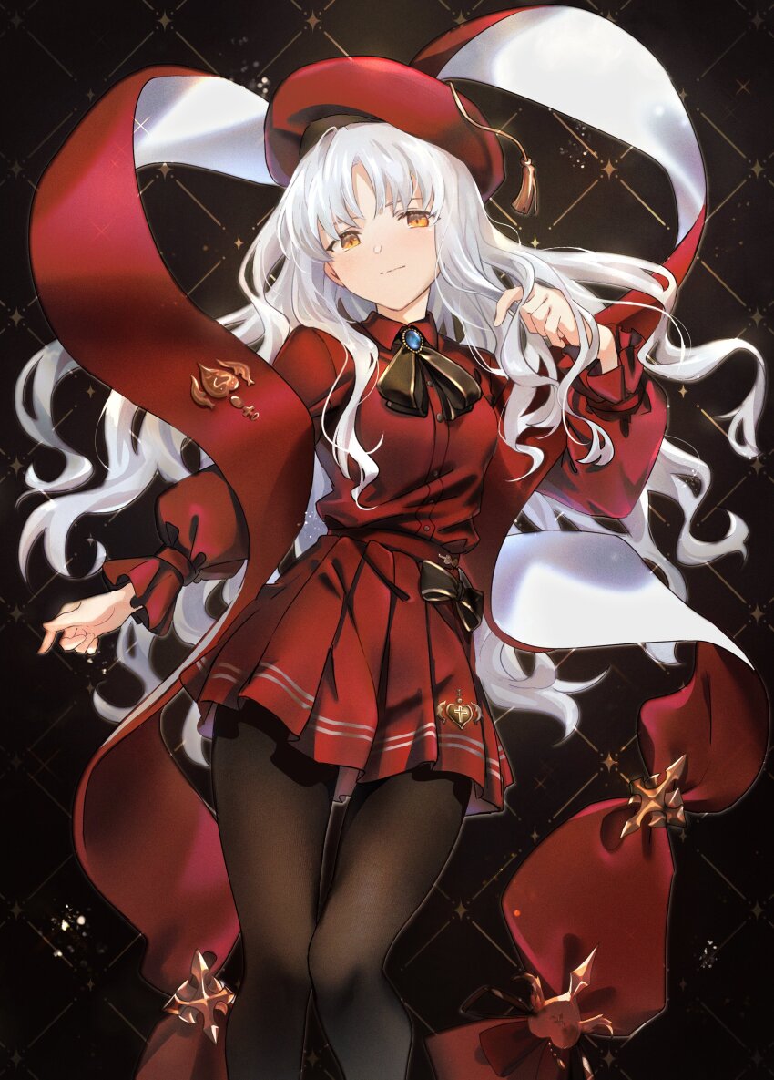 1girl absurdres beret black_background black_bow black_bowtie black_pantyhose bow bowtie breasts caren_hortensia caren_hortensia_(amor_caren) closed_mouth commentary_request fate/grand_order fate_(series) hat highres long_hair medium_breasts okonon_(kado_colda) pantyhose pleated_skirt red_shirt red_skirt shirt shroud_of_magdalene skirt solo white_hair yellow_eyes