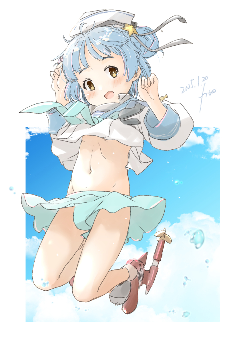 1girl absurdres aqua_neckerchief aqua_skirt artist_name blue_hair blue_sailor_collar blue_sky brown_eyes cloud dated dixie_cup_hat double_bun full_body fyuo hair_bun hat highres kantai_collection long_sleeves military_hat navel neckerchief pleated_skirt rudder_footwear sailor_collar samuel_b._roberts_(kancolle) school_uniform serafuku shirt short_hair skirt sky sleeve_cuffs solo white_hat white_shirt