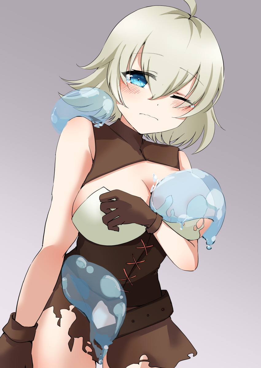 1girl ;( absurdres azur_lane bare_shoulders blonde_hair blue_eyes breasts brown_dress brown_gloves cleavage commentary_request dissolving_clothes dress embarrassed from_below gloves hair_between_eyes hand_on_own_chest hand_up highres large_breasts leaning_forward looking_at_viewer looking_down medium_breasts medium_hair no_bra oklahoma_(azur_lane) rakuza_(ziware30) sleeveless sleeveless_dress slime_(creature) solo tearing_up unhappy