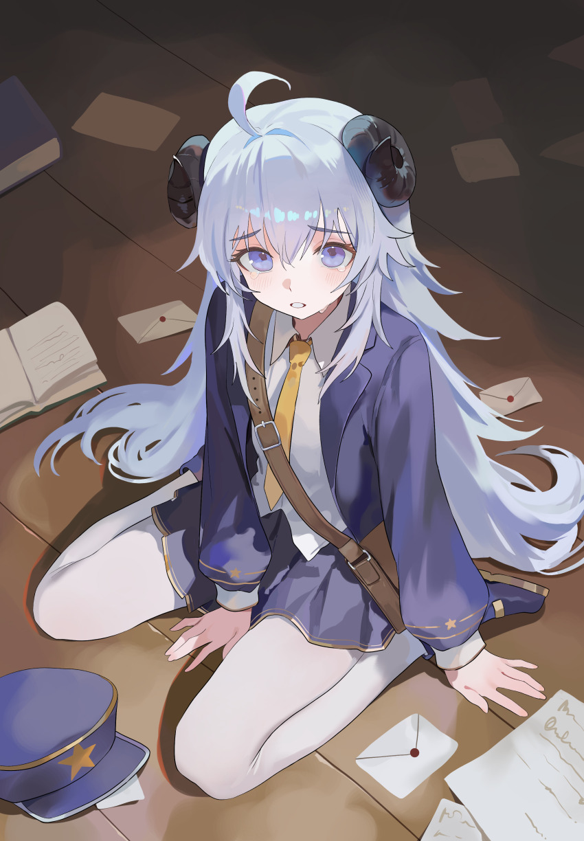 1girl absurdres ahoge bag black_horns blue_eyes blue_jacket blue_shoes blue_skirt blush collar collared_shirt commentary_request commission crying crying_with_eyes_open curled_horns hair_between_eyes highres horns jacket long_hair long_sleeves looking_at_viewer miniskirt multicolored_shoes nbee_ya necktie on_floor open_clothes open_jacket open_mouth original pantyhose paper satchel shirt shoes sidelocks sitting skirt solo star_(symbol) star_print tears two-tone_shoes wariza white_collar white_hair white_pantyhose white_shirt yellow_necktie yellow_shoes