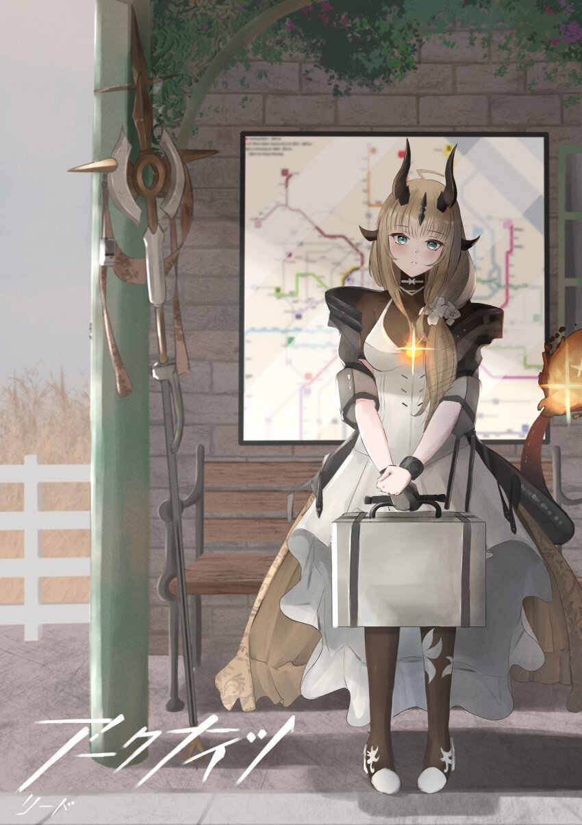 1girl absurdres ahoge aqua_eyes araca_ra arknights bench black_horns blonde_hair bodystocking brown_pantyhose character_name clip_studio_paint_(medium) copyright_name day diffraction_spikes dress fire flame-tipped_tail flower full_body gloves hair_flower hair_ornament hand_on_own_wrist highres holding horns infection_monitor_(arknights) light_blush long_hair looking_at_viewer making-of_available map map_(object) outdoors pantyhose parted_lips plant reed_(arknights) reed_the_flame_shadow_(arknights) single_glove solo staff standing suitcase tail waiting white_dress white_flower