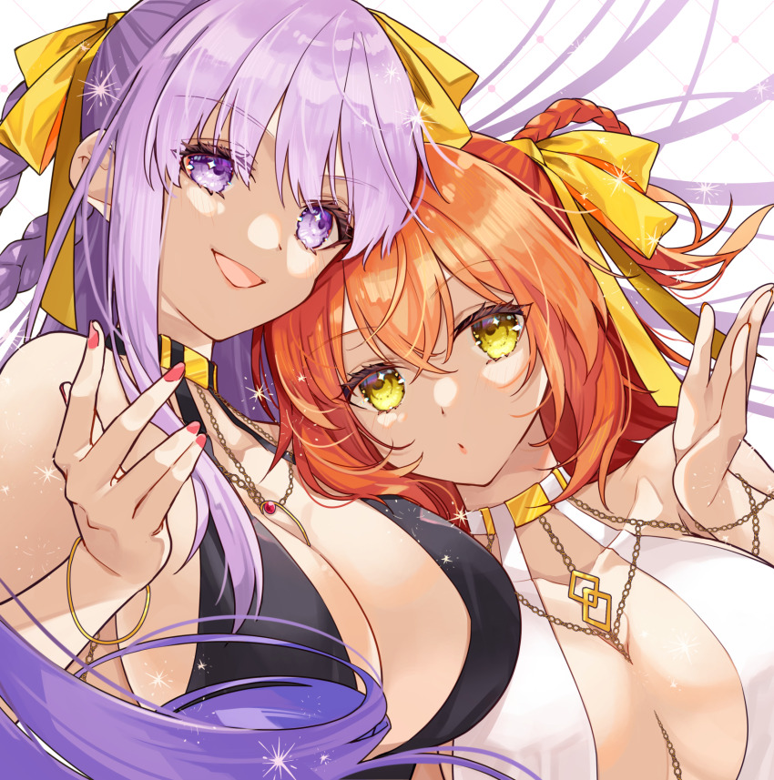 2girls bare_shoulders bb_dubai_(fate) black_dress blush braid braided_hair_rings breasts center_opening cleavage dress fate/grand_order fate_(series) fujimaru_ritsuka_(female) hair_ribbon hair_rings highres ichino_tomizuki jewelry large_breasts long_hair looking_at_viewer multiple_girls nail_polish necklace orange_hair purple_eyes purple_hair ribbon twin_braids very_long_hair yellow_eyes yellow_ribbon