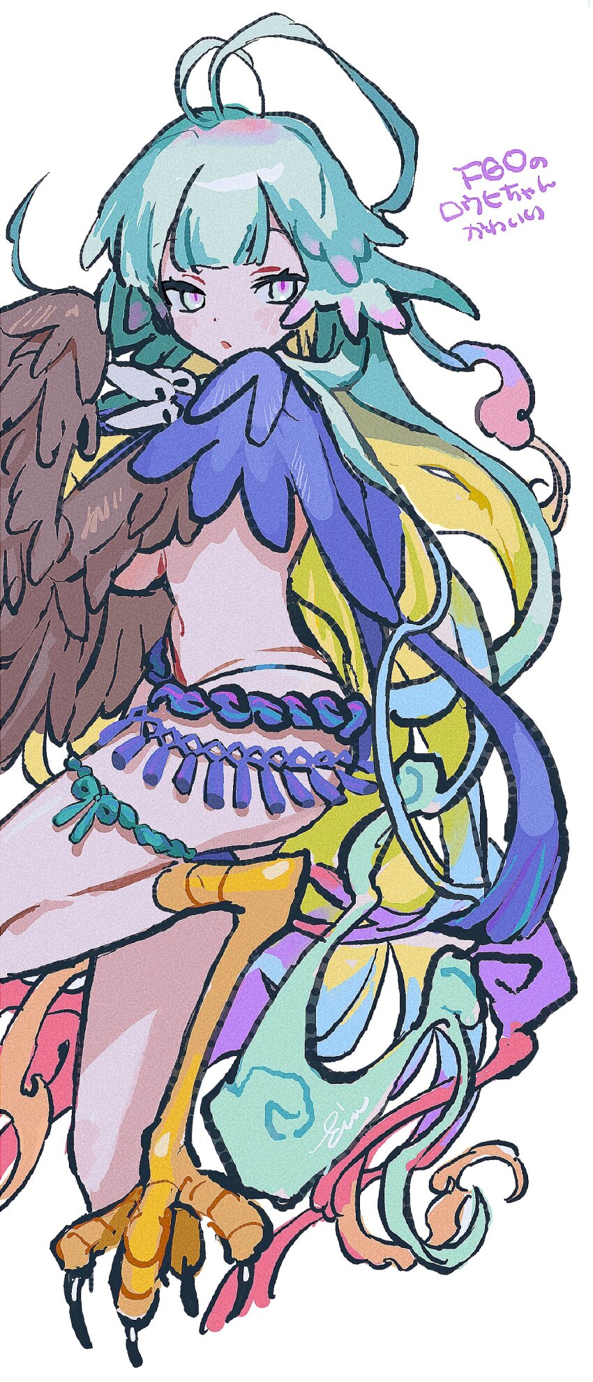 1girl absurdres antenna_hair aqua_eyes aqua_hair bird_legs blonde_hair breasts colored_inner_hair fate/grand_order fate_(series) feathered_wings feathers harpy highres jewelry long_hair looking_at_viewer louhi_(fate) louhi_(third_ascension)_(fate) monster_girl multicolored_hair navel necklace nopnop_chan purple_hair simple_background solo white_background winged_arms wings