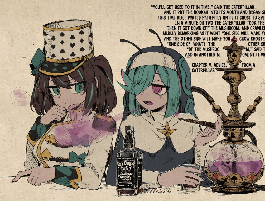 2girls akoya_matama alcohol alice&#039;s_adventures_in_wonderland an_sin anemo_nemo antennae brown_hair club_(shape) diamond_(shape) english_text glass green_eyes green_hair green_streaks hair_over_one_eye hat heart highres hookah jack_daniel&#039;s looking_at_another mahou_shoujo_ni_akogarete medium_hair military_hat military_uniform multiple_girls nun open_mouth purple_eyes sharp_teeth simple_background sitting smoke spade_(shape) teeth upper_body whiskey