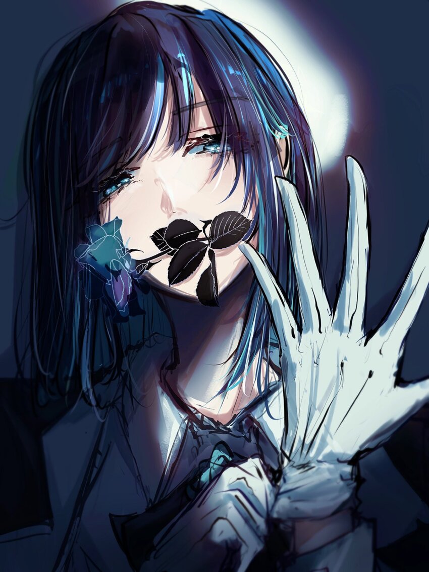 1girl ado_(utaite) blue_eyes blue_flower blue_hair blue_rose chando_(ado) collared_shirt commentary flower flower_in_mouth gloves hashtag-only_commentary highres long_hair looking_at_viewer mole mole_under_eye mouth_hold multicolored_hair rose shirt sidelocks solo streaked_hair tanake_(tanakei_ado) upper_body utaite white_gloves