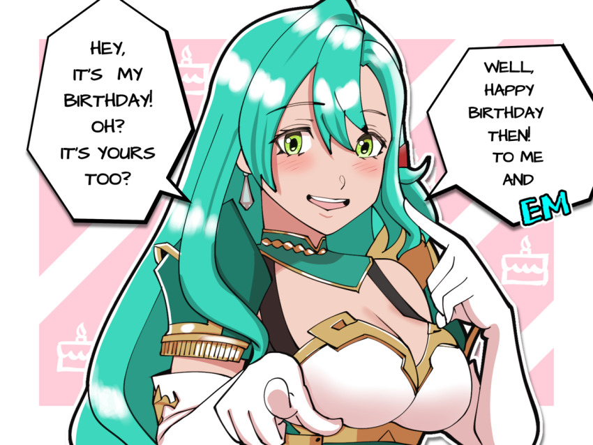 1girl aqua_hair armor bow breastplate breasts chloe_(fire_emblem) cleavage earrings elbow_gloves english_text fire_emblem fire_emblem_engage gloves green_eyes happy_birthday jewelry medium_breasts mnejing30 nintendo orange_bow pointing pointing_at_viewer shoulder_armor solo speech_bubble teardrop_earrings white_gloves