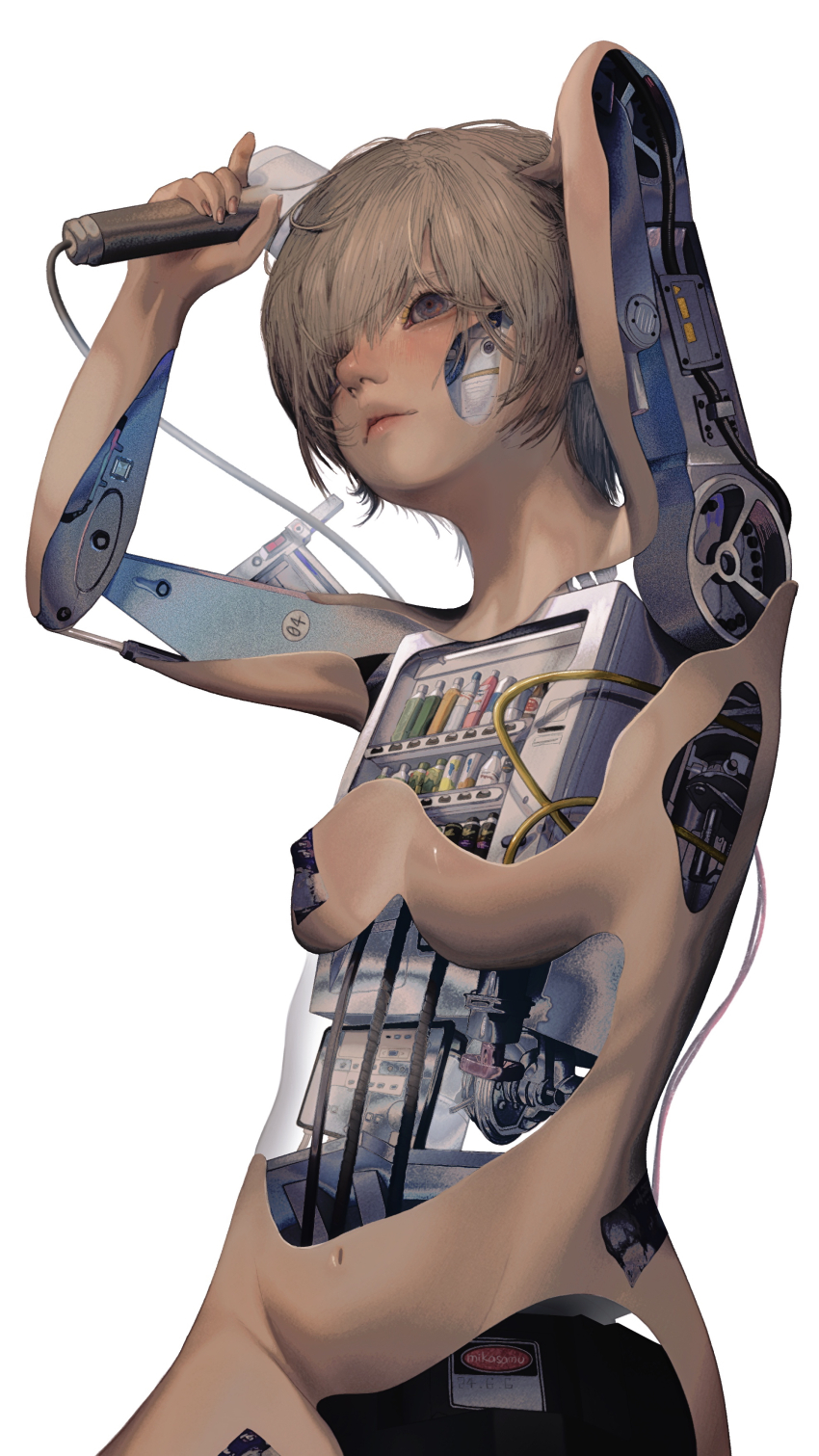 1girl absurdres android arms_up breasts brown_eyes brown_hair cable hair_fan hair_over_one_eye highres holding mikasamu navel nude original science_fiction short_hair simple_background small_breasts solo vending_machine white_background