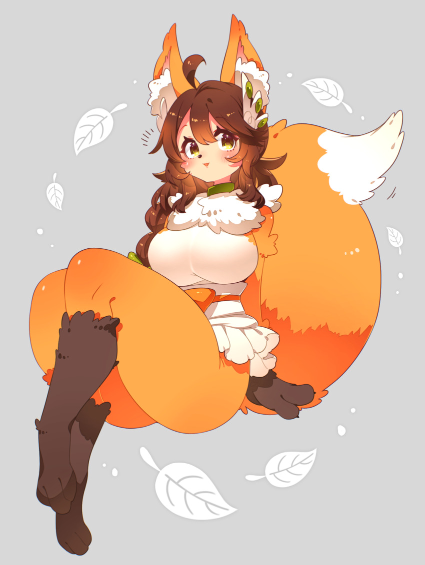1girl :3 ahoge animal_ear_fluff animal_ears animal_feet animal_hands animal_nose apron blush bow braid breasts brown_fur brown_hair collar fox_ears fox_girl fox_tail full_body furry furry_female green_bow green_collar grey_background hair_bow highres large_breasts leaf looking_at_viewer multicolored_fur navel neck_fur open_mouth orange_fur original simple_background single_braid sitting solo tail thick_thighs thighs toconikky white_apron white_fur yellow_eyes