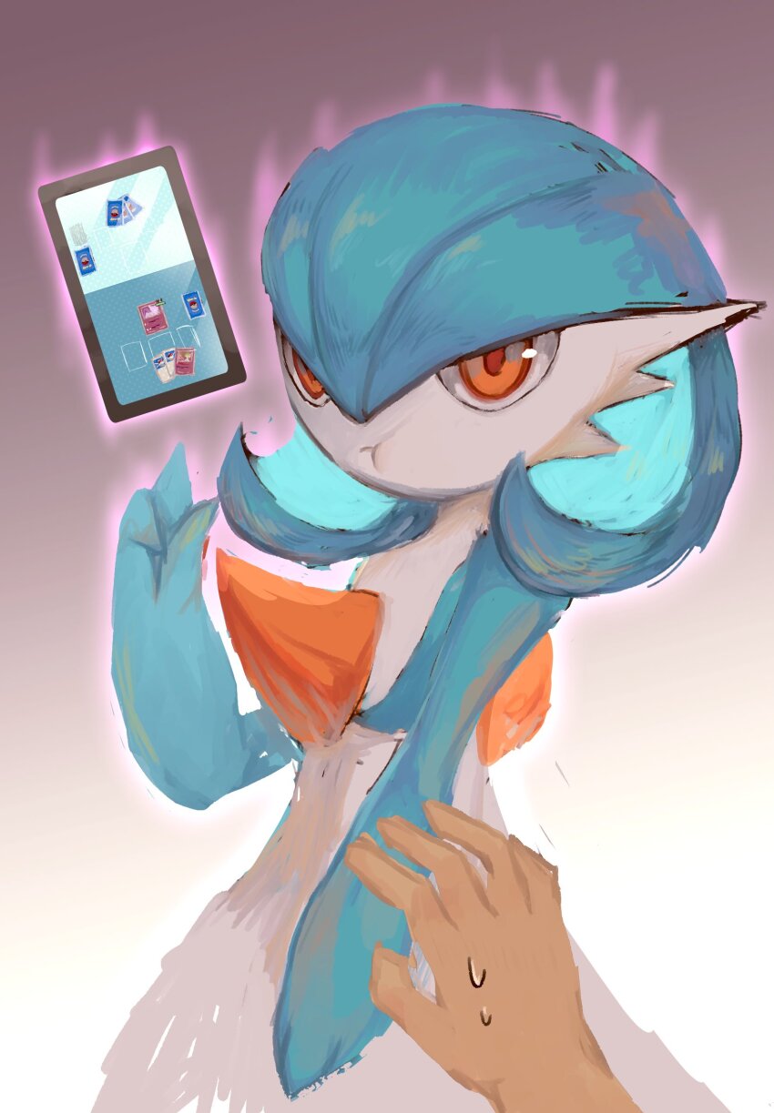 alternate_color blue_hair blue_skin bob_cut cellphone colored_skin dress gardevoir gardevoir_day gen_3_pokemon highres hiiragishiyu multicolored_skin nintendo orange_eyes out_of_frame phone pokemon pokemon_(creature) pokemon_tcg pokemon_tcg_pocket pout shiny_pokemon smartphone sweatdrop two-tone_skin white_dress white_skin
