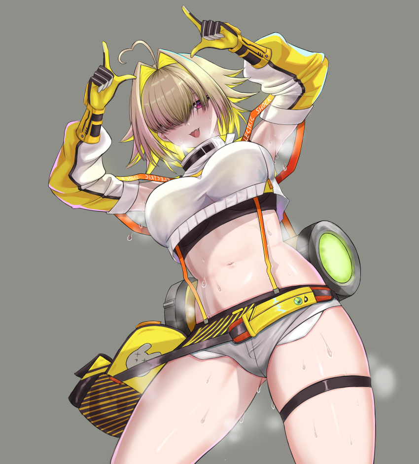 1girl absurdres ahoge blonde_hair breasts elegg_(nikke) fang gloves goddess_of_victory:_nikke hair_intakes hair_over_eyes highres ladsdjadds large_breasts long_bangs long_sleeves looking_at_viewer multicolored_hair navel open_mouth purple_eyes short_hair shorts simple_background smile solo thigh_strap thighs two-tone_hair