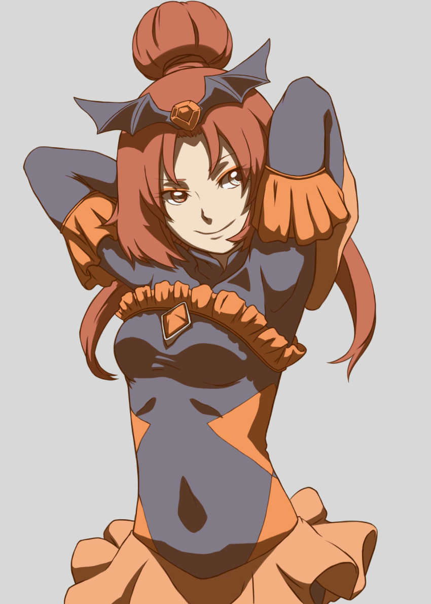 arm_behind_head armpits bad_end_precure bad_end_sunny black_bodysuit black_headwear bodysuit breasts dark_persona frilled_sleeves frills highres looking_to_the_side makeup medium_breasts orange_eyes orange_hair orange_skirt precure skirt small_breasts smile smile_precure! zephyranthes54