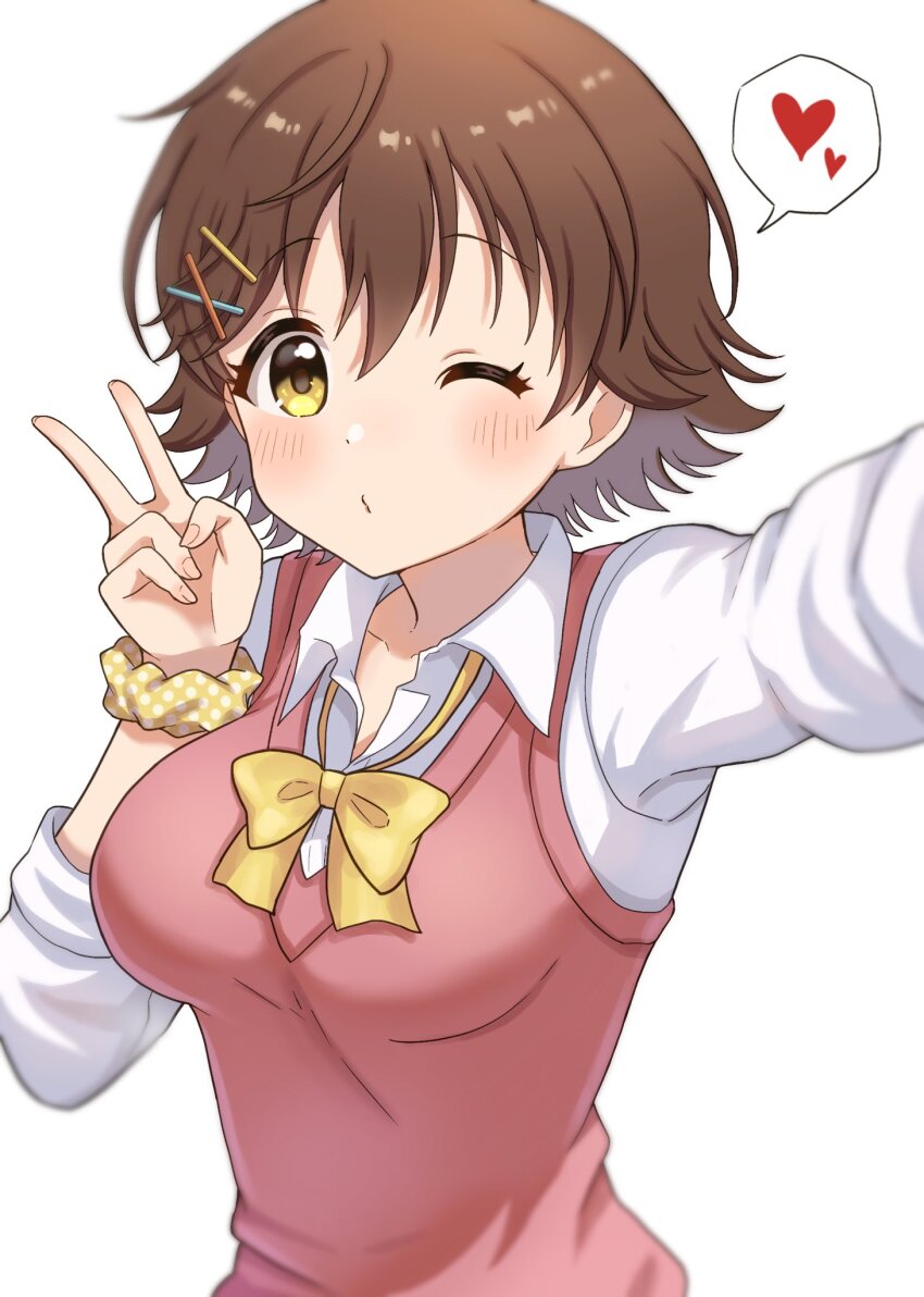 1girl ;o blush bow bowtie breasts brown_hair commentary_request flipped_hair gyaru heart highres honda_mio idolmaster idolmaster_cinderella_girls kogal looking_at_viewer loose_bowtie medium_breasts one_eye_closed open_collar pink_sweater_vest school_uniform scrunchie selfie shirt short_hair simple_background solo spoken_heart sweater_vest upper_body v white_background white_shirt wrist_scrunchie yakitouhu3 yellow_bow yellow_bowtie