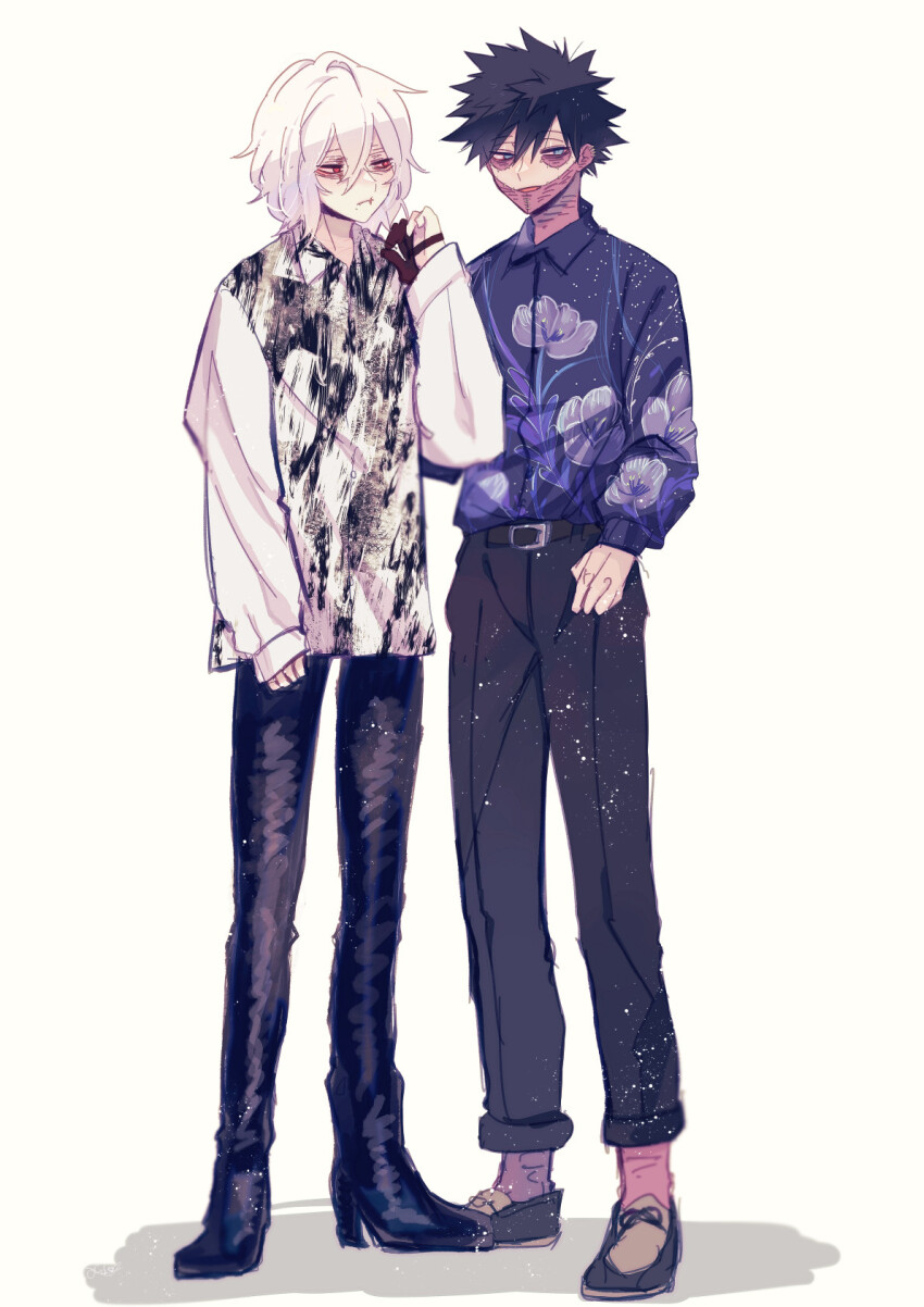 2boys anoko_(darenokoanoko) black_hair black_pants blue_eyes boku_no_hero_academia burn_scar cheek_piercing dabi_(boku_no_hero_academia) face_piercing floral_print full_body highres male_focus medium_hair multiple_boys multiple_scars pants piercing print_shirt prosthetic_fingers red_eyes scar scar_on_face shigaraki_tomura shirt spiked_hair standing staple stapled white_hair wrinkled_skin