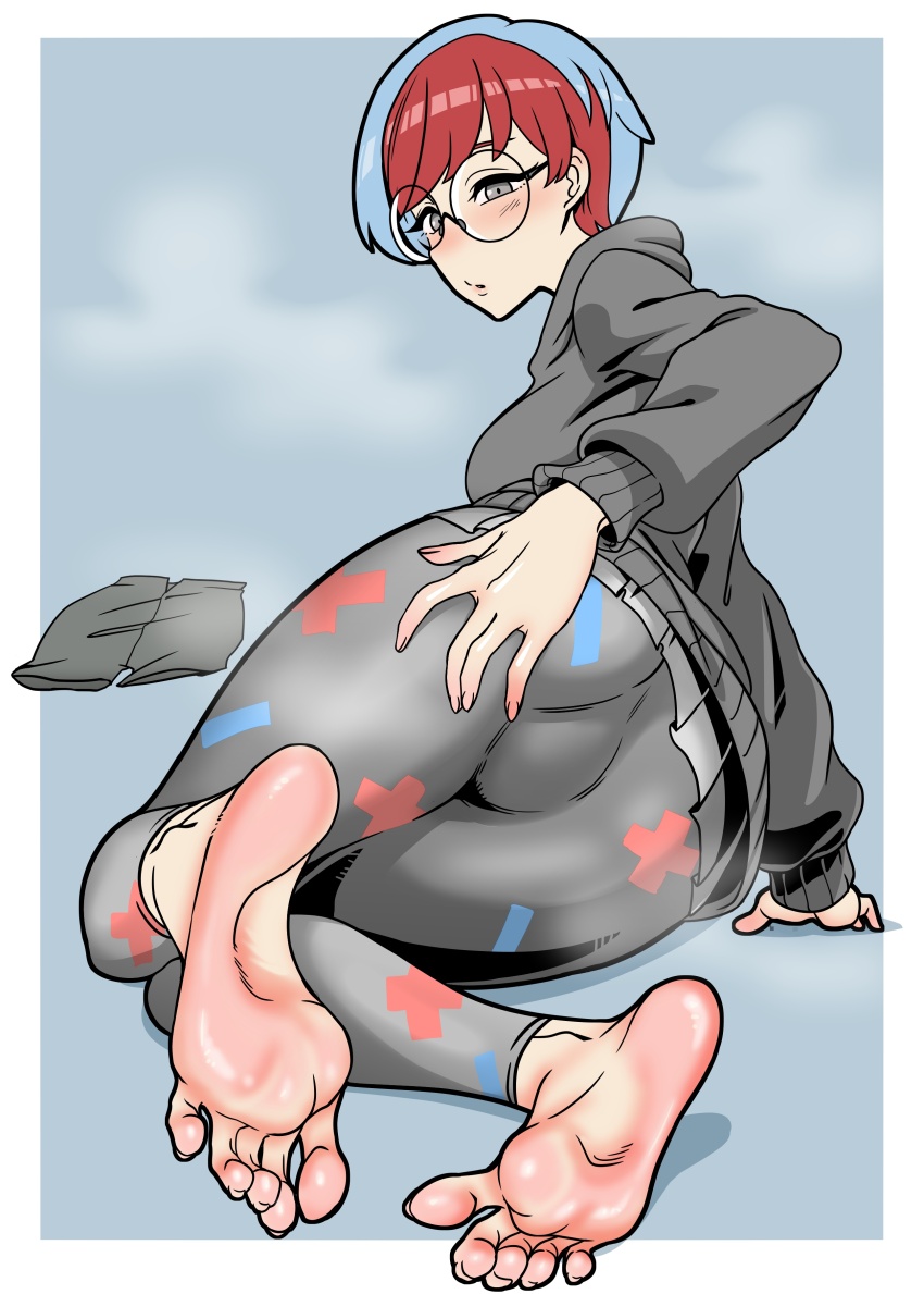1girl absurdres barefoot blue_hair blush feet foot_focus ga320aaa glasses grey_eyes hand_on_own_ass highres multicolored_hair nintendo parted_lips penny_(pokemon) pokemon pokemon_sv red_hair round_eyewear short_hair soles steam toes two-tone_hair