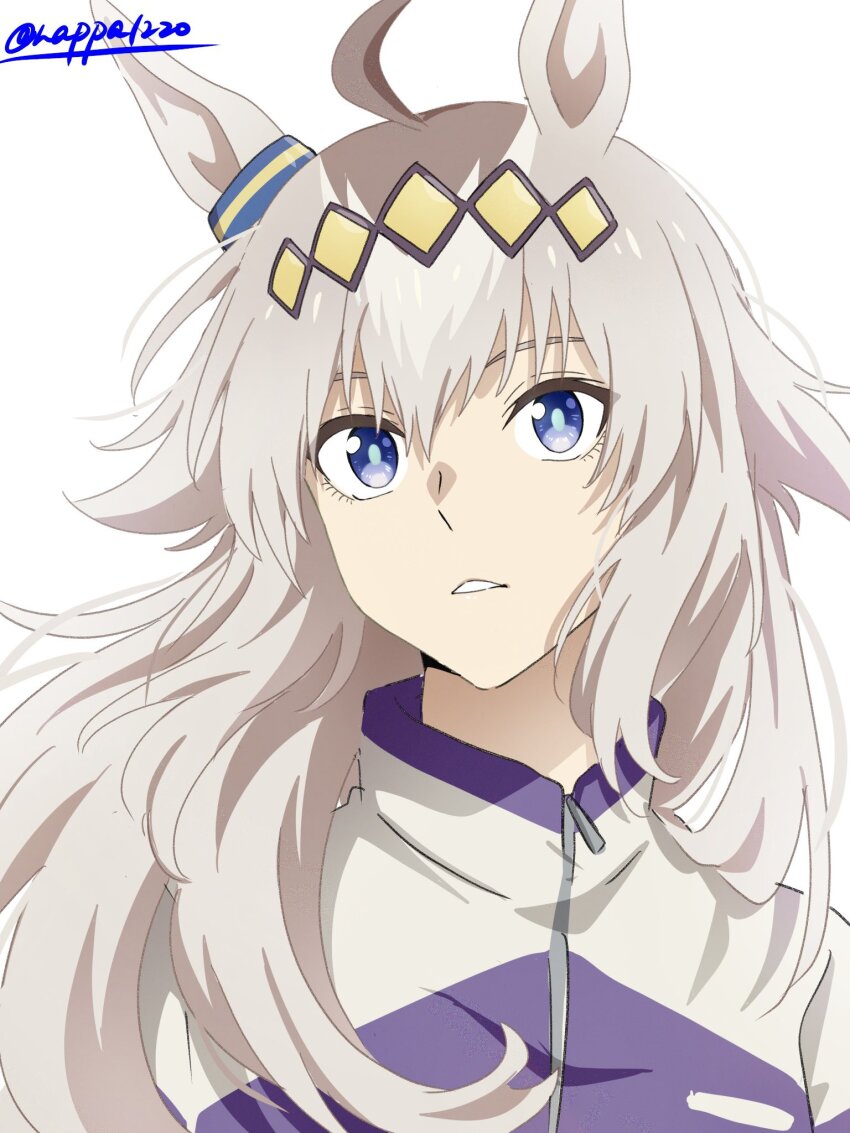1girl ahoge animal_ears blue_eyes brown_hair ear_ornament grey_hair hair_ornament highres horse_ears horse_girl jacket kasamatsu_tracen_training_uniform long_hair multicolored_hair multicolored_jacket nk-43g oguri_cap_(umamusume) parted_lips portrait purple_jacket simple_background solo streaked_hair teeth track_jacket twitter_username two-tone_hair two-tone_jacket umamusume umamusume:_cinderella_gray white_background white_jacket