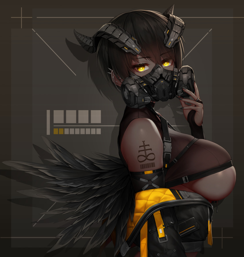 1girl absurdres barcode barcode_tattoo bare_shoulders black_jacket black_nails breasts bridal_gauntlets brown_hair crop_top cropped_jacket dark-skinned_female dark_skin ear_piercing fake_horns feather_trim from_side gas_mask glowing glowing_eyes grey_background hand_up headgear highres horns jacket large_breasts leviathan_cross looking_at_viewer looking_to_the_side mask nail_polish off_shoulder open_clothes open_jacket original piercing respirator short_hair shoulder_tattoo skindentation solo tattoo underboob unzipped upper_body vana yellow_eyes